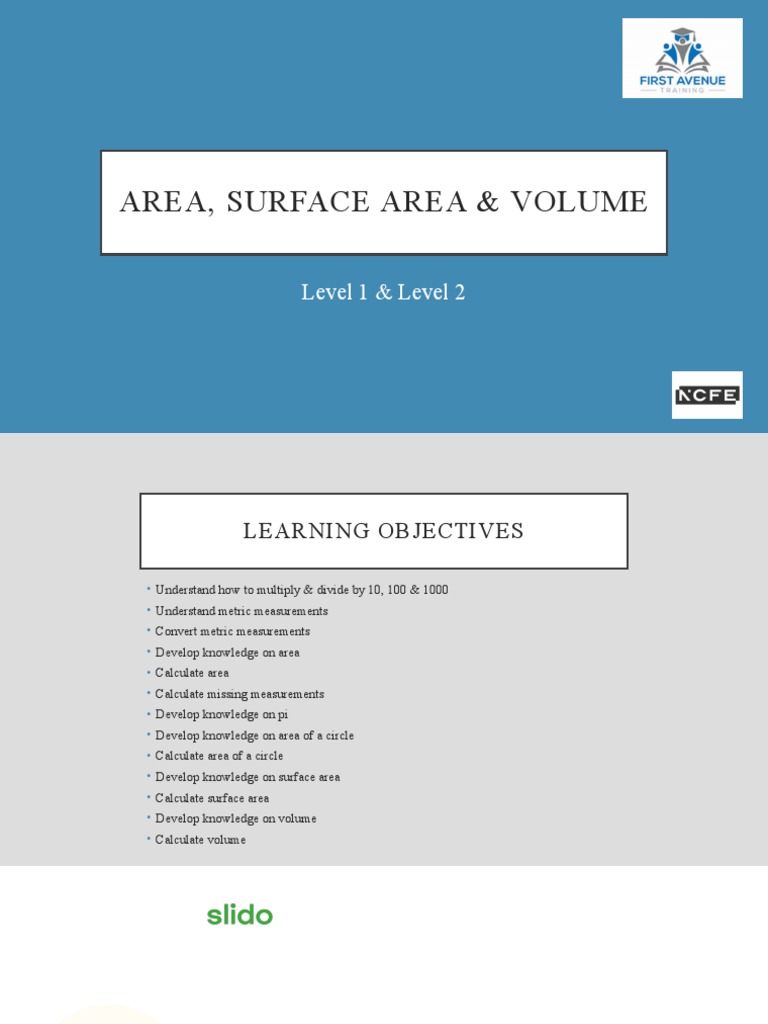Area, Surface Area & Volume | PDF | Teaching Methods & Materials