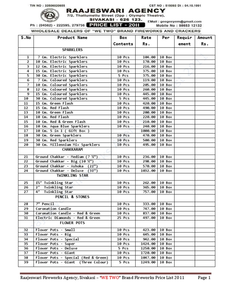 Price List 2011 WeTwo Fireworks Fireworks Business