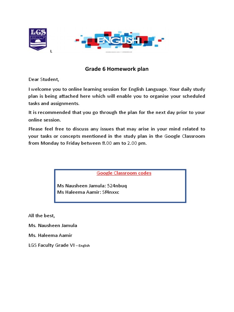Grade 6 English Homework Plan | PDF | Language Arts & Discipline