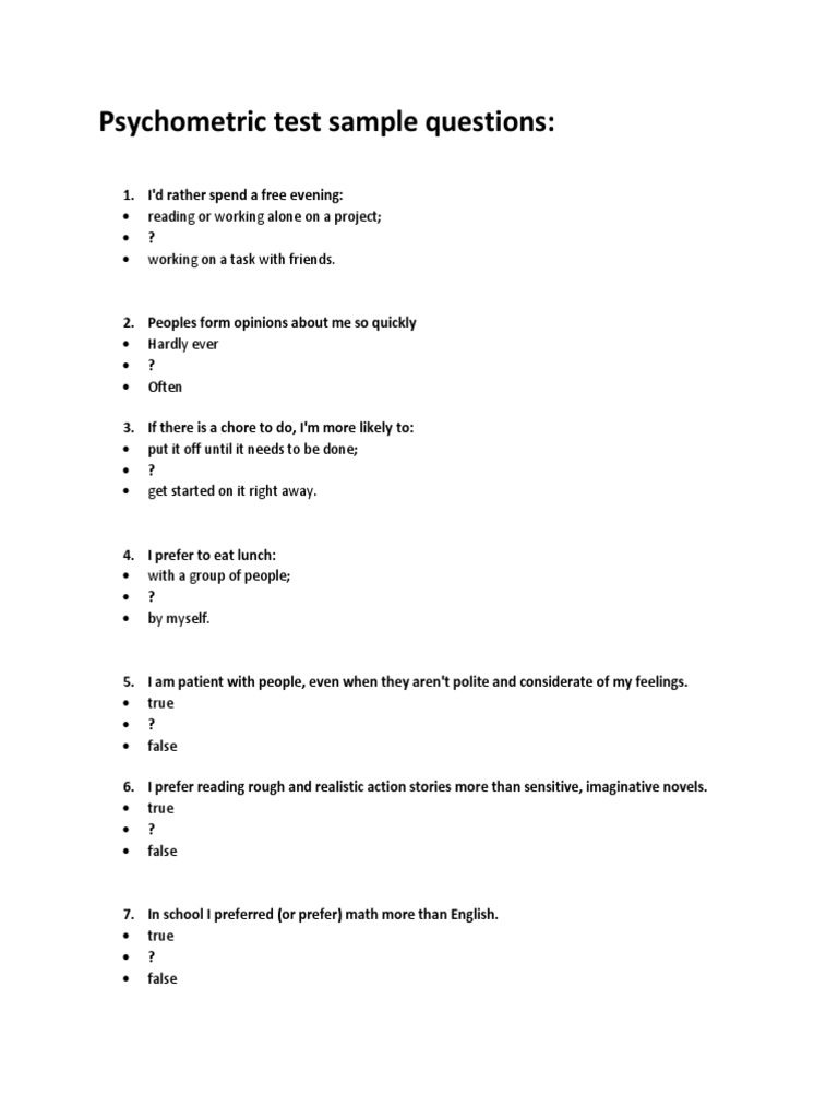 Psychometric Test Sample Questions PDF Psychology Psychological Concepts