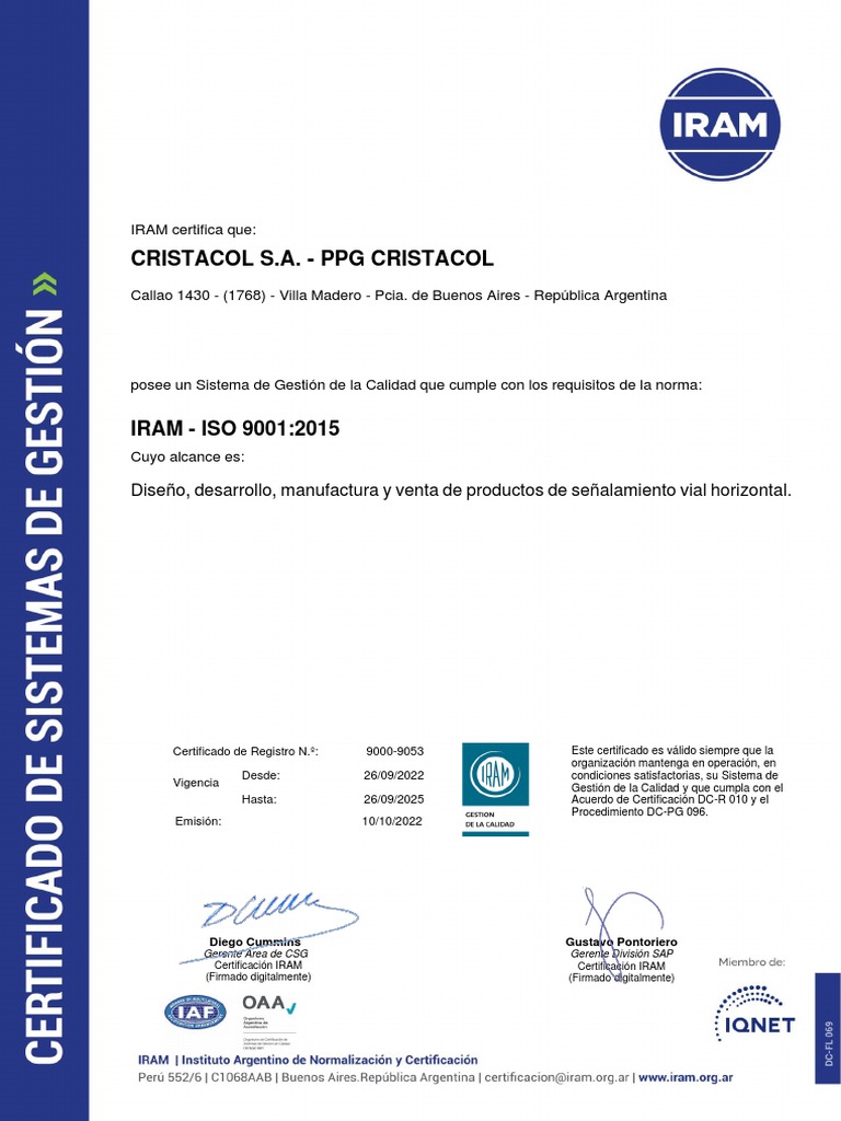 Certificación IRAM de Cristacol S.A. | PDF | Negocios