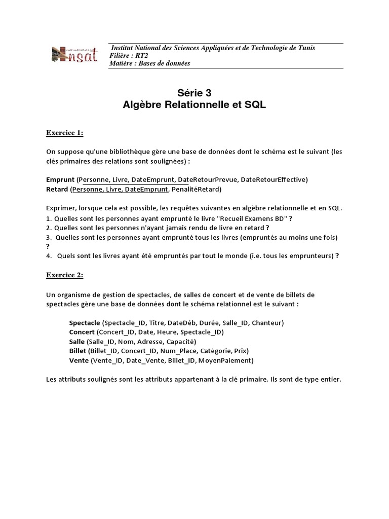 Requêtes en Algèbre Relationnelle et SQL | PDF