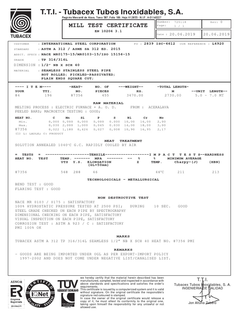 Tubacex 10 PDF Pipe (Fluid Conveyance) Steel