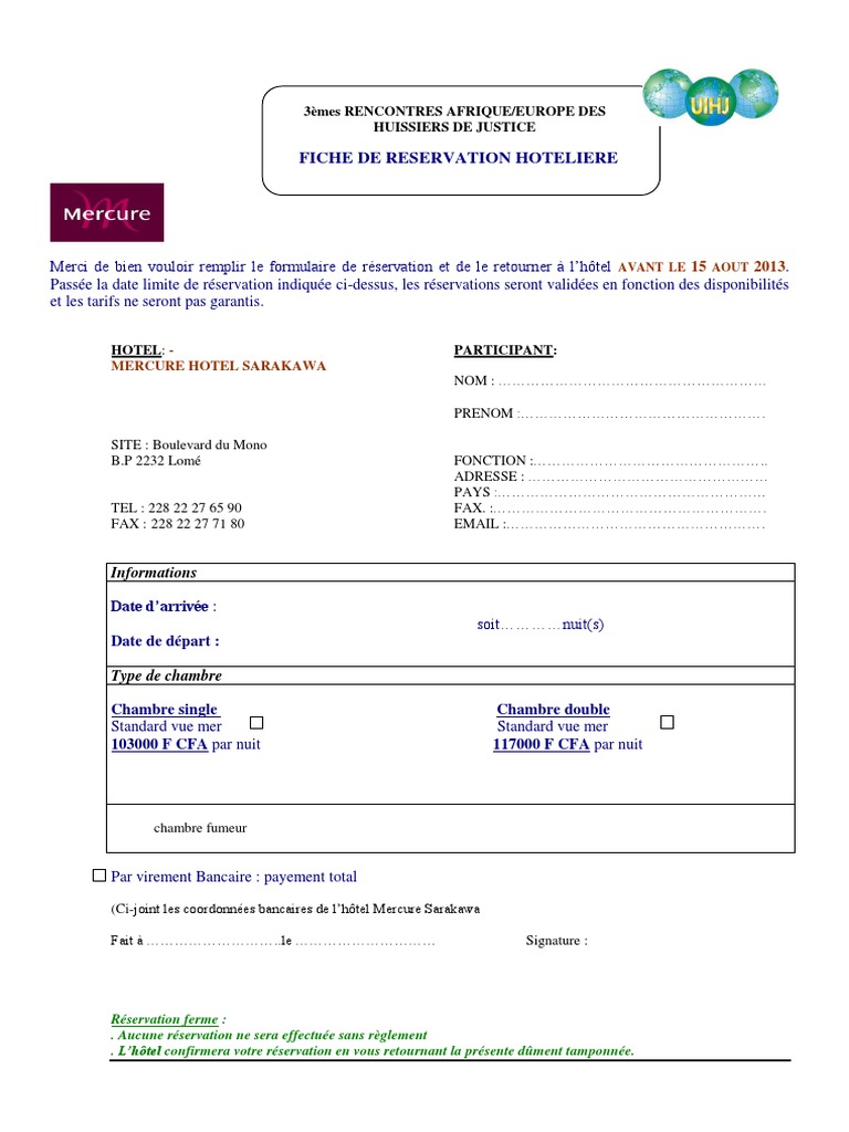 Fiche de Réservation Hôtel Mercure | PDF