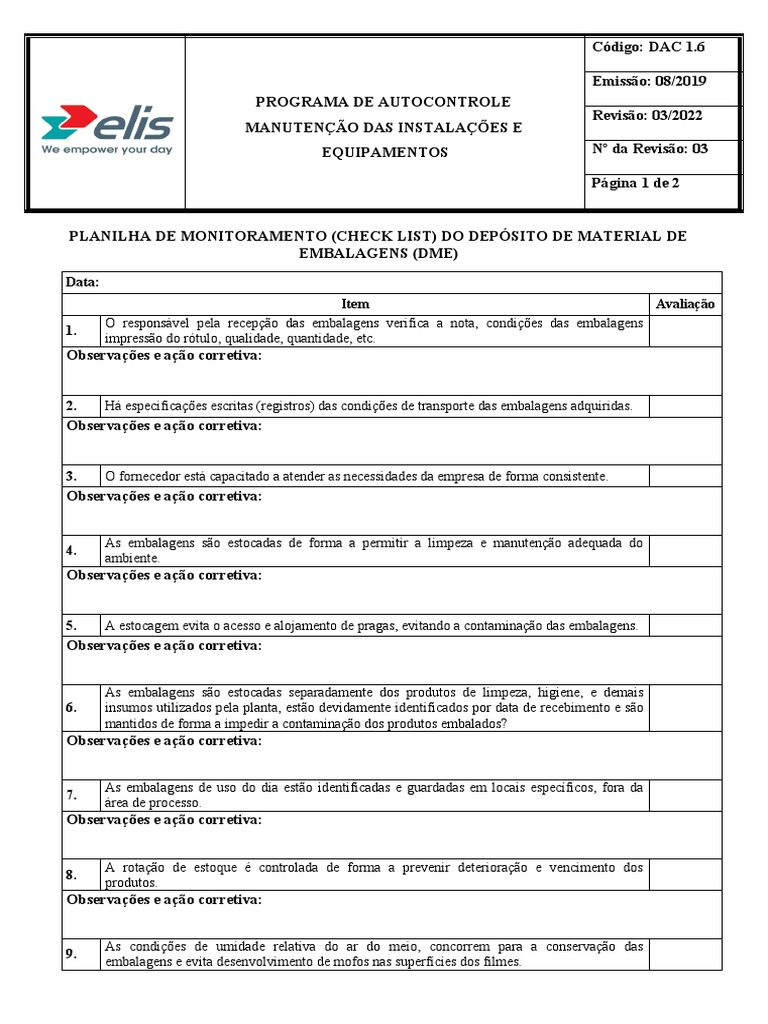 Checklist Do Depósito de Material de Embalagens (DME) | PDF