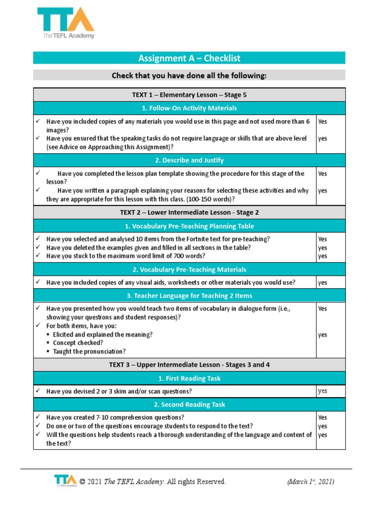 Assignment A-Checklist Work | PDF