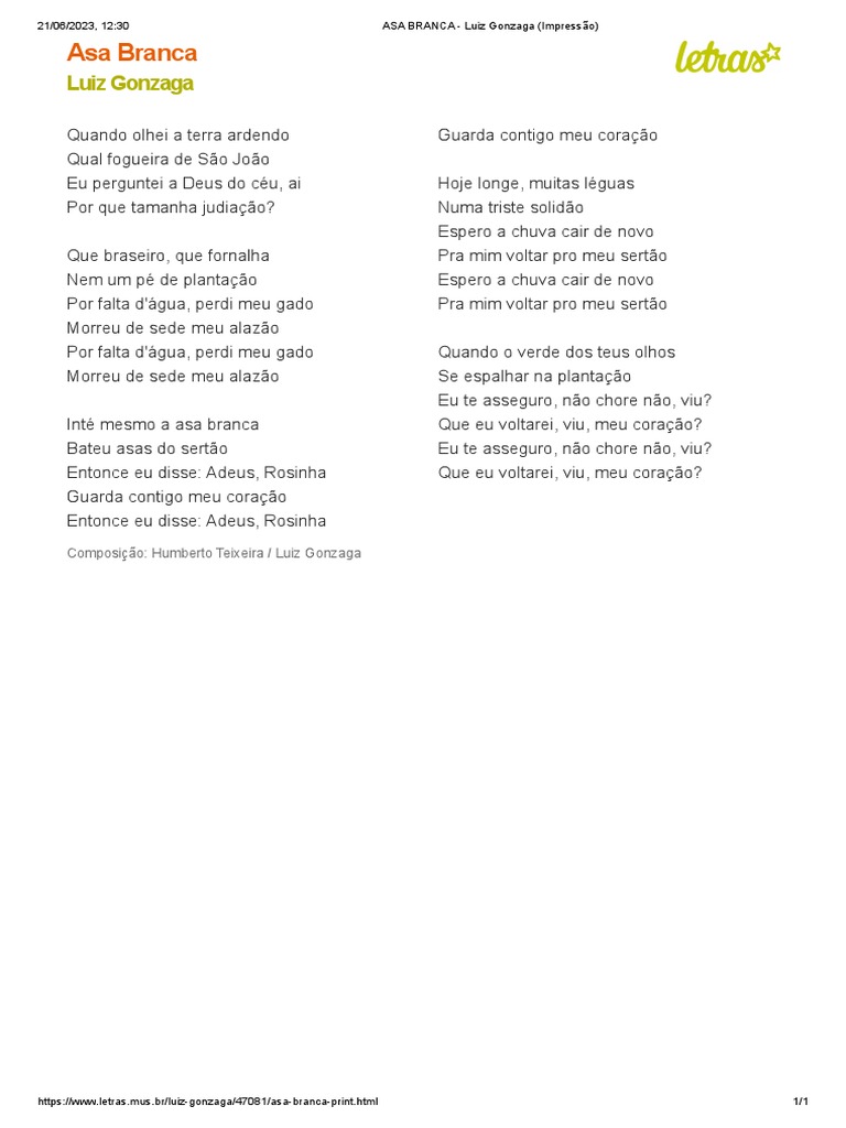 ASA BRANCA - Luiz Gonzaga (Impressão) | PDF