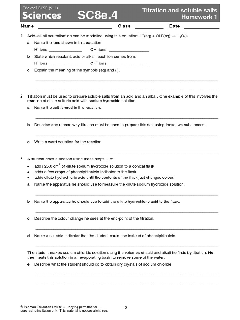 Titration and Soluble Salts - Sc8e - Homework1 | PDF