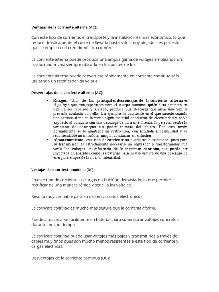 Ventajas y Desventajas de la corriente continua y alterna PDF