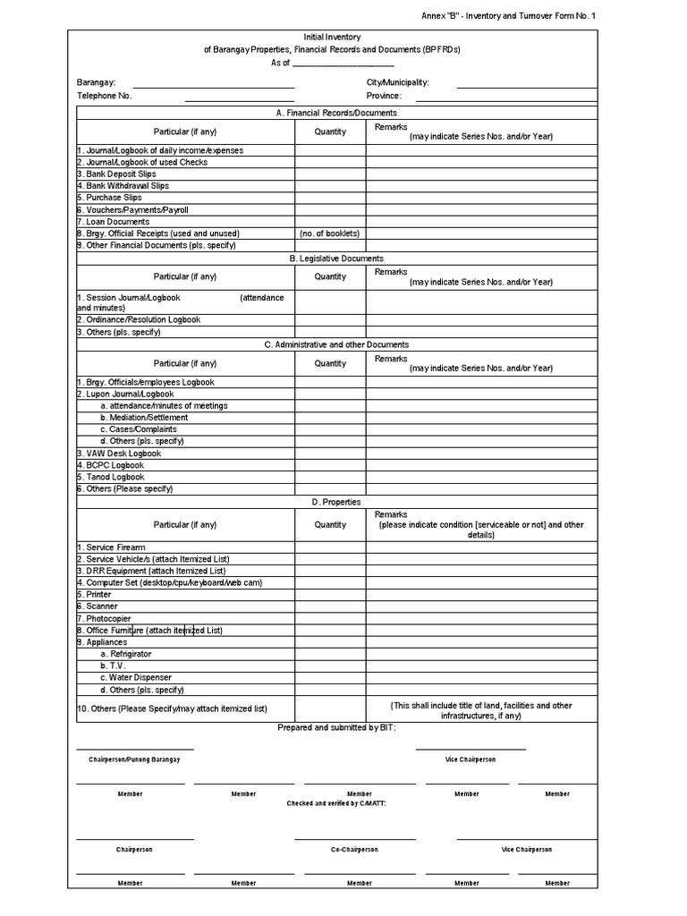 Barangay Annex B Initial Inventory Revised | PDF