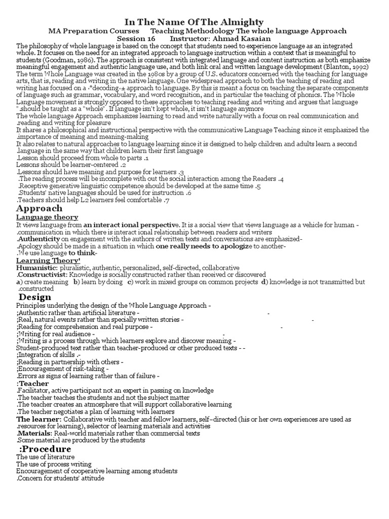 Example Of Whole Language Approach