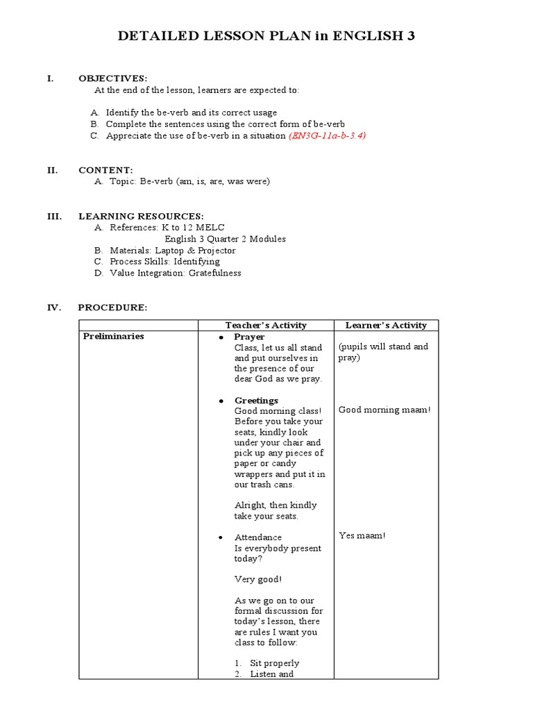 Be-Verb Lesson Plan for English 3 | PDF