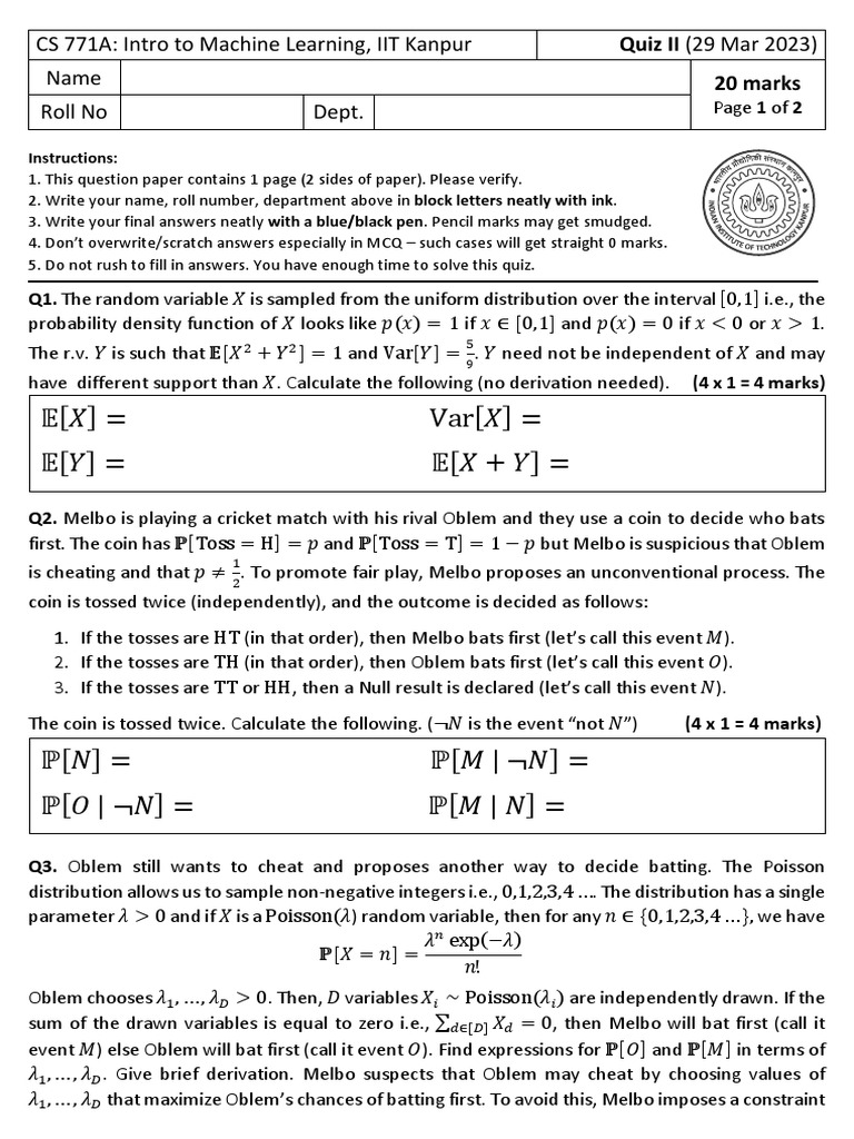 CS 771A Intro To Machine Learning, IIT Kanpur Name Roll No Dept PDF