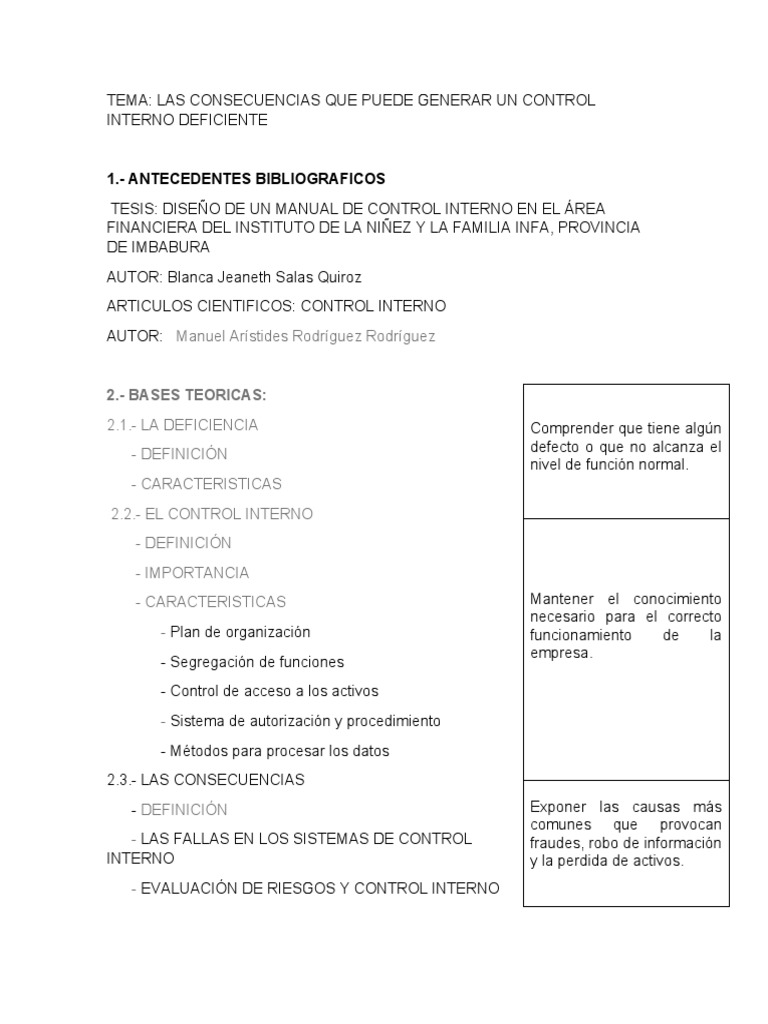 Las Consecuencias Que Puede Generar Un Control Interno Deficiente | PDF ...