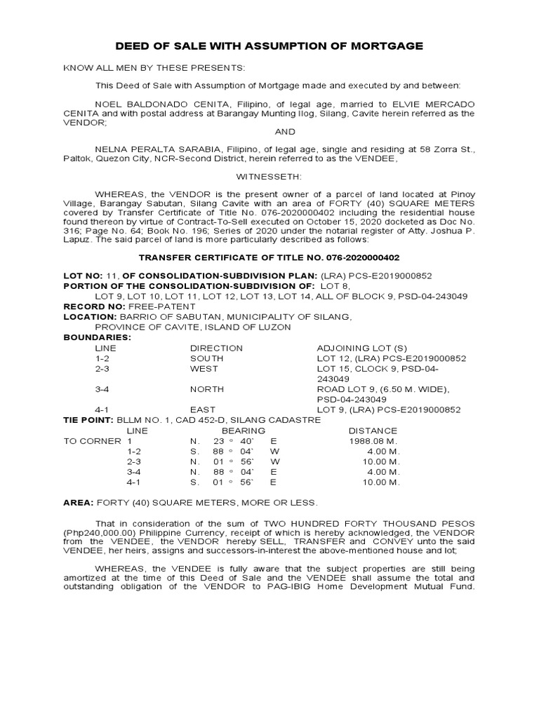 Cenita DOS WITH ASSUMPTION OF MORTGAGE PAGIBIG PDF Power Of