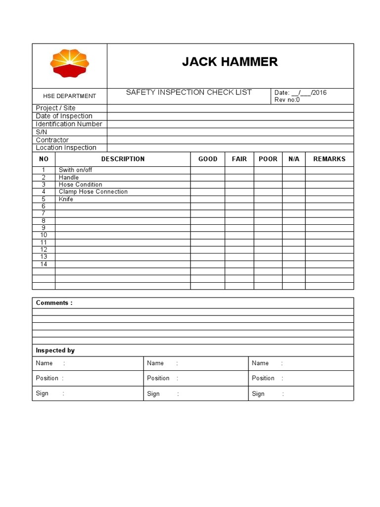 Jack Hammer Safety Inspection Checklist | PDF