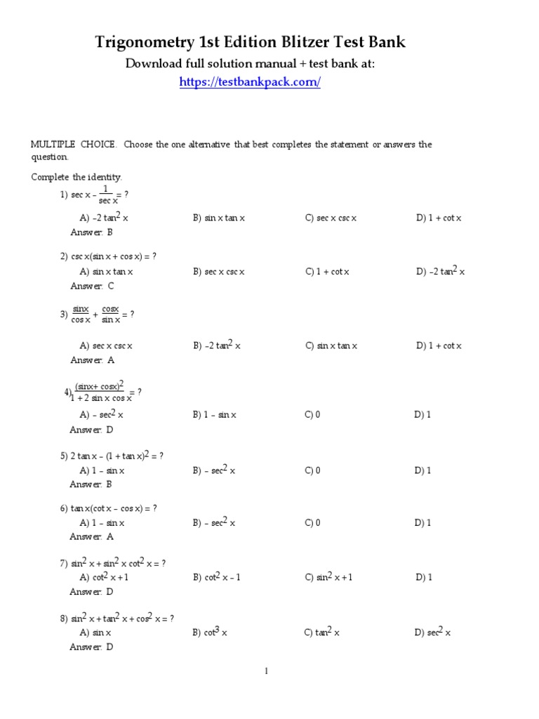 Trigonometry Test Bank Solutions Guide | PDF | Teaching Methods & Materials