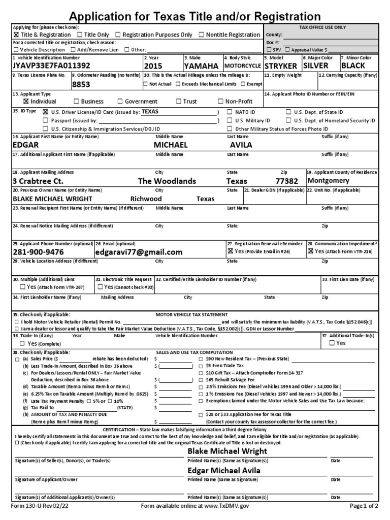 Application For Texas Title and - or Registration (Form 130-U) | PDF