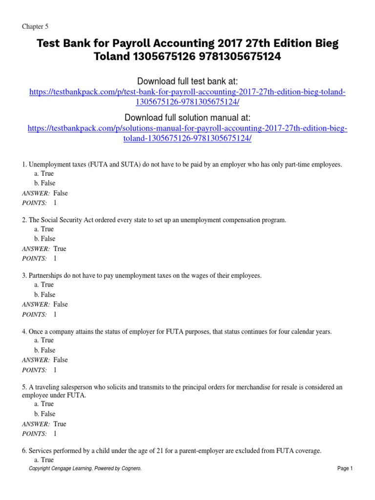 Payroll Accounting 2017 27th Edition Bieg Test Bank Download | PDF