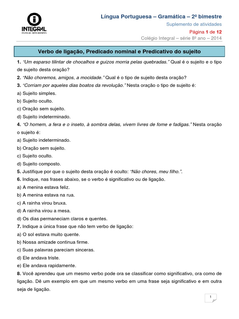 Verbo de Ligação, Predicado Nominal e Predicativo Do Sujeito | PDF ...