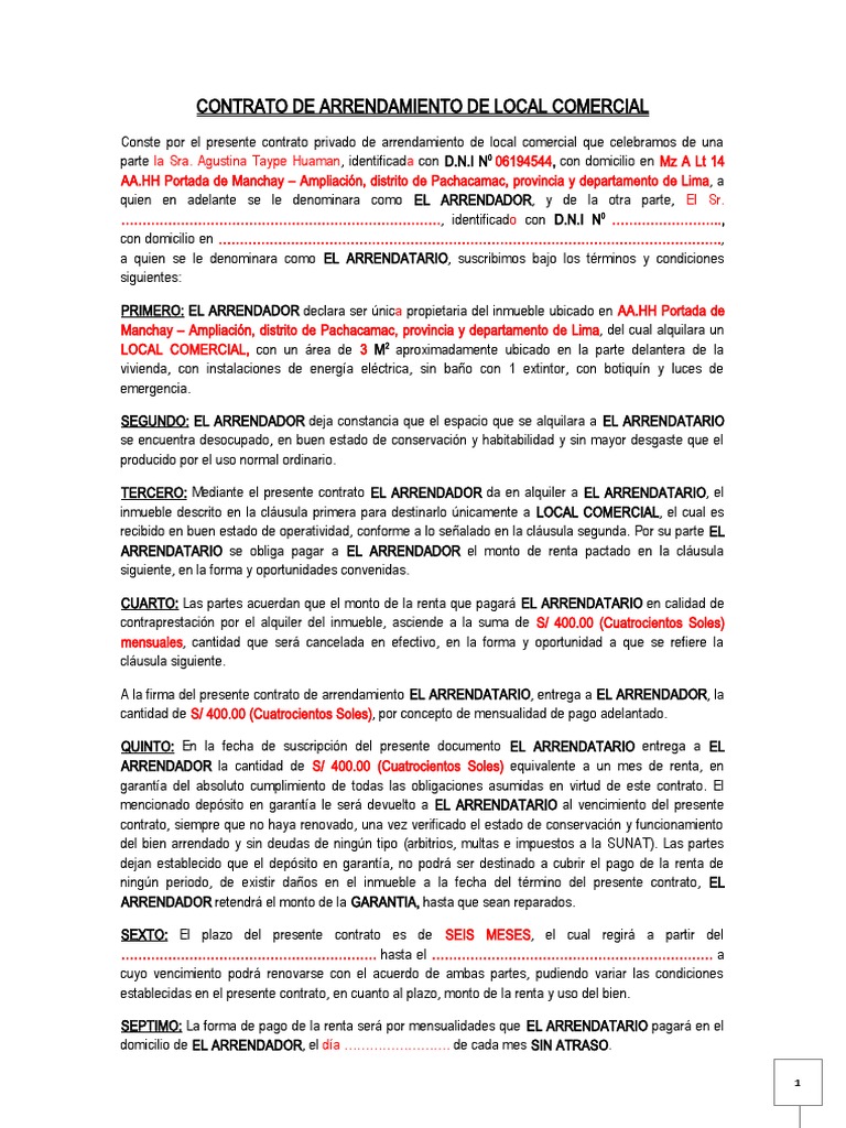 Modelo de Contrato de Arrendamiento de Local Comercial | PDF