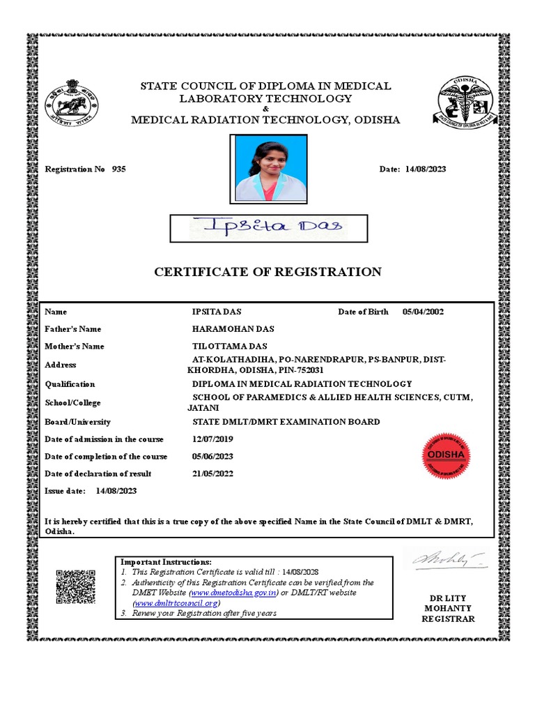 DMLT Registration Certificate for Ipsita Das | PDF