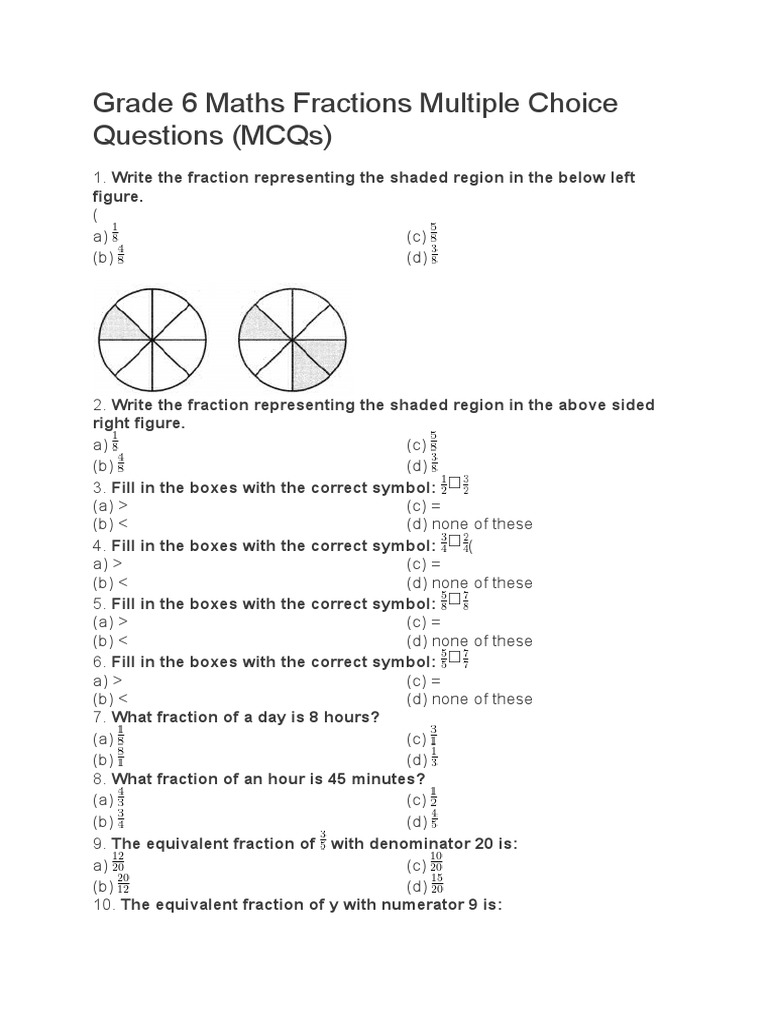 Grade 6 Maths Fractions Multiple Choice Questions | PDF