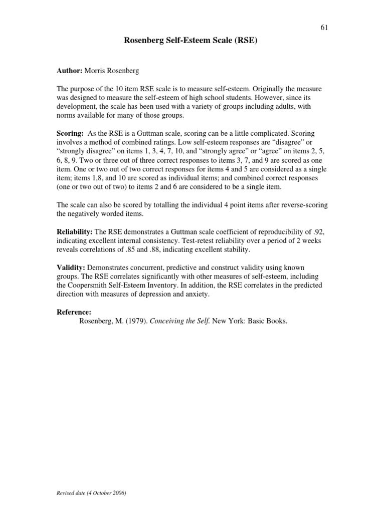 Rosenberg Self Esteem | PDF