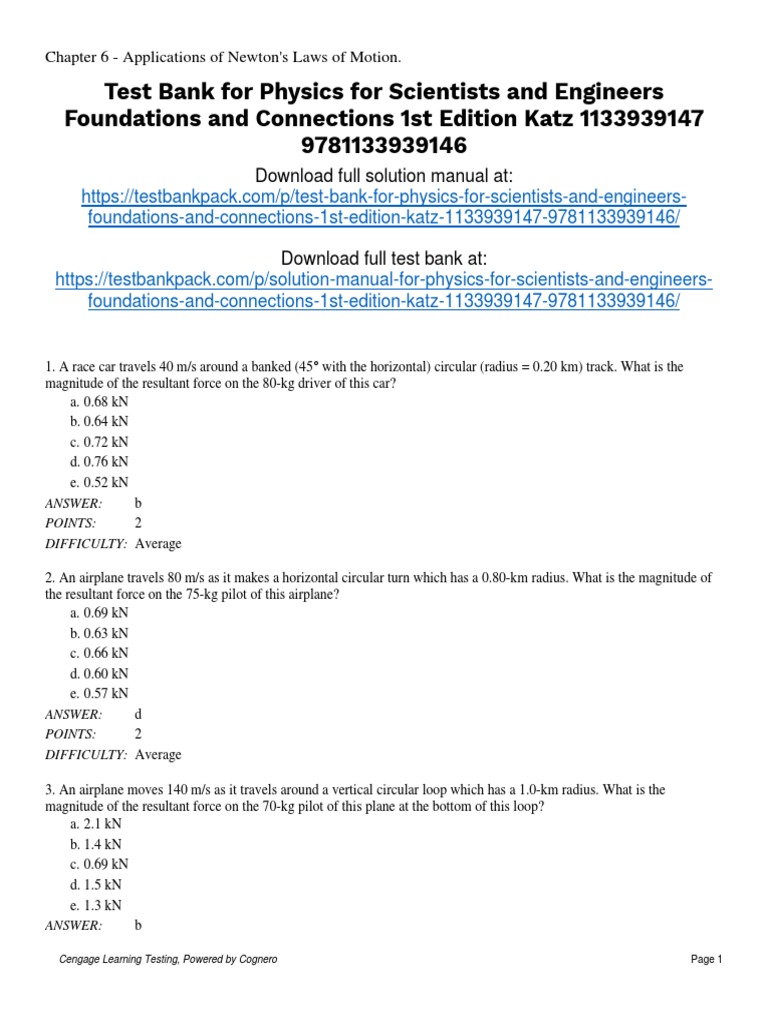 Physics For Scientists and Engineers Foundations and Connections 1st Edition Katz Test Bank