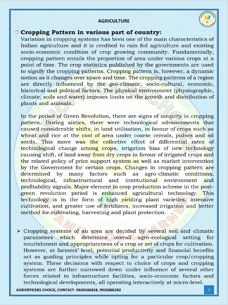 Cropping Pattern in Various Part of Country | PDF