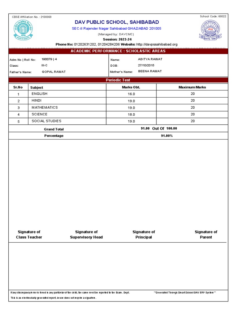 DAV Sahibabad Academic Performance Report | PDF