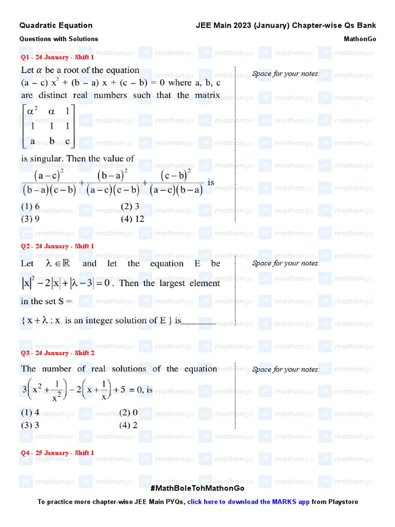 JEE Main 2023 Quadratic Equation Solutions | PDF