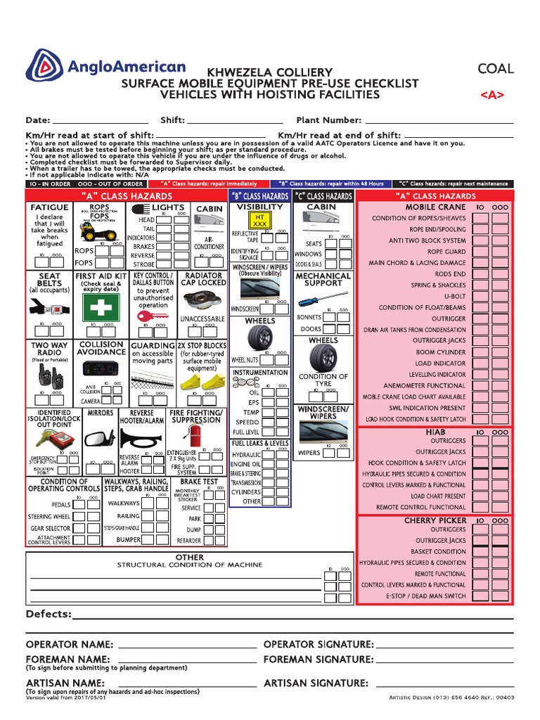 Pre start checklist for Surface Mobile Equipment with Hoisting