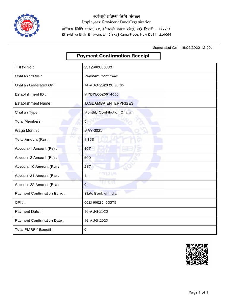 Epf Payment Receipt PDF