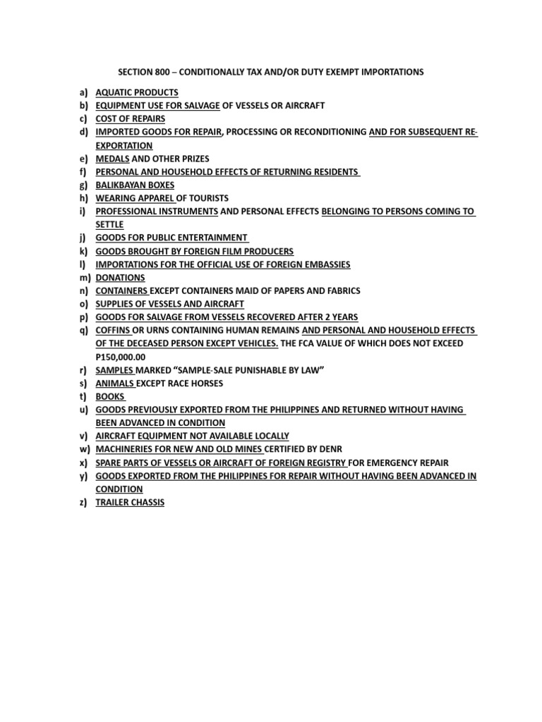 Section 800: Tax Exempt Importations | PDF
