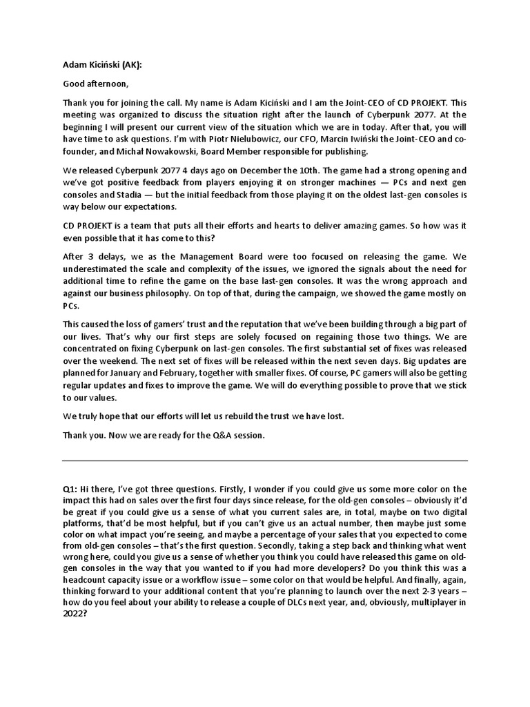 CD PROJEKT's Response to Cyberpunk 2077 Launch Issues | PDF | Career ...