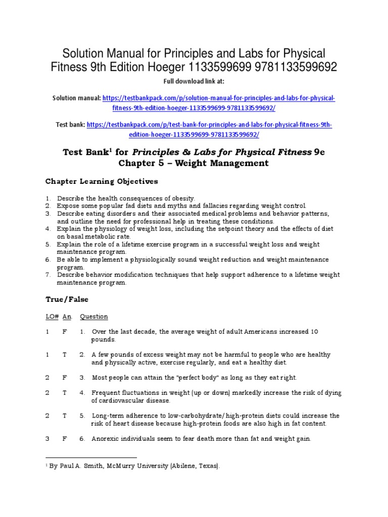 Principles and Labs For Physical Fitness 9th Edition Hoeger Test Bank