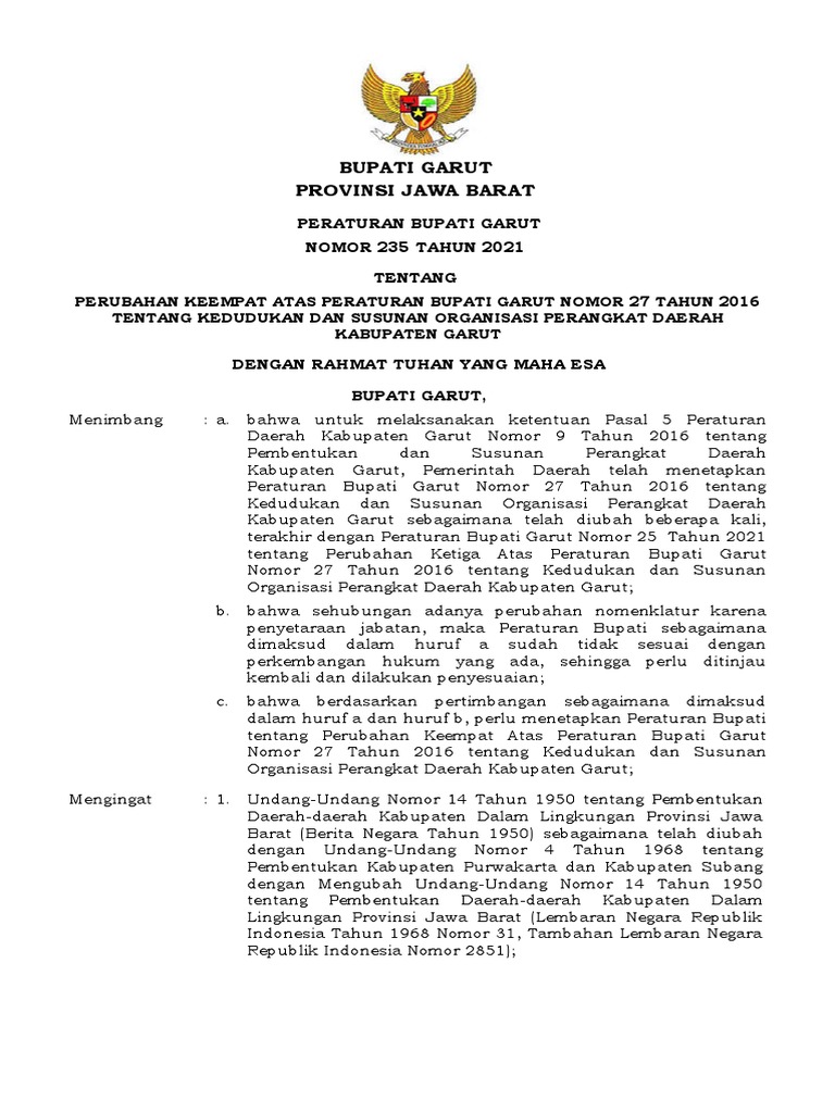 PerBup Garut 2352021 Susunan Organisasi Perangkat Daerah PDF