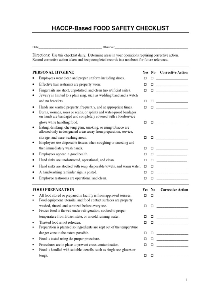 Food Safety Checklist Based On HACCP | PDF