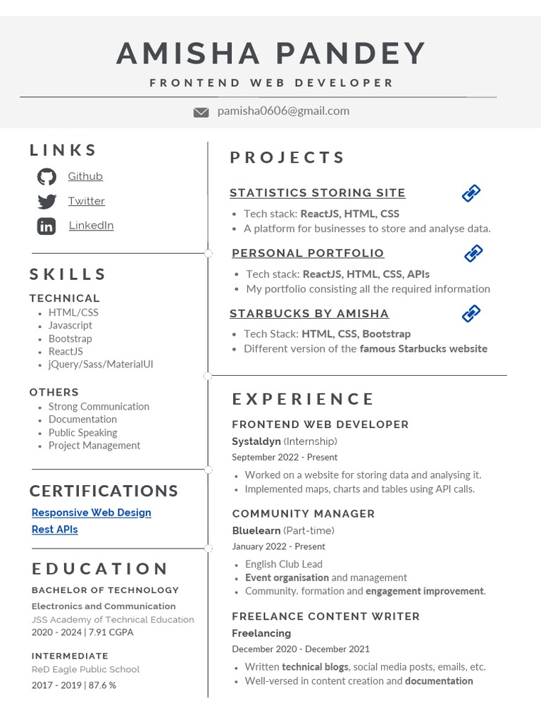 Amisha Pandey: Frontend Developer Portfolio | PDF