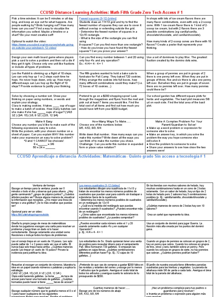 CCUSD Distance Learning Activities - Math Fifth Grade Zero Tech Access ...