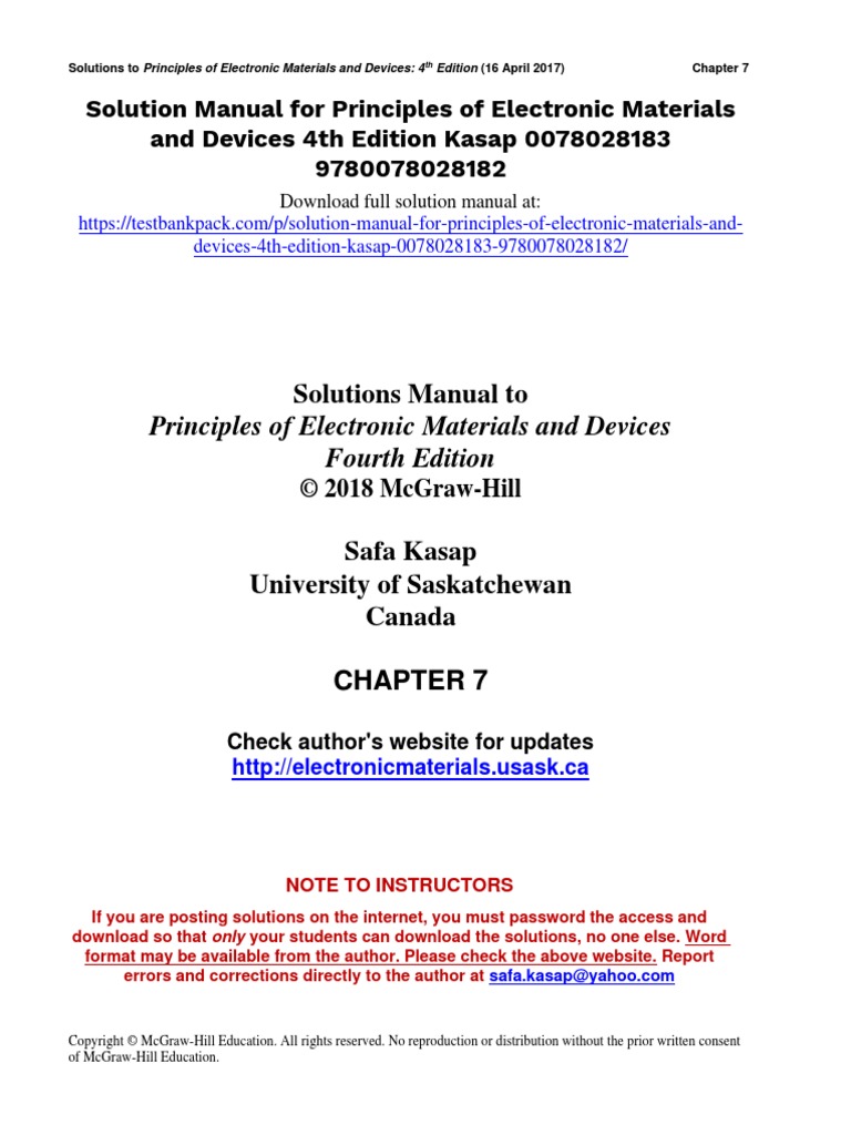 Principles of Electronic Materials and Devices 4th Edition Kasap ...