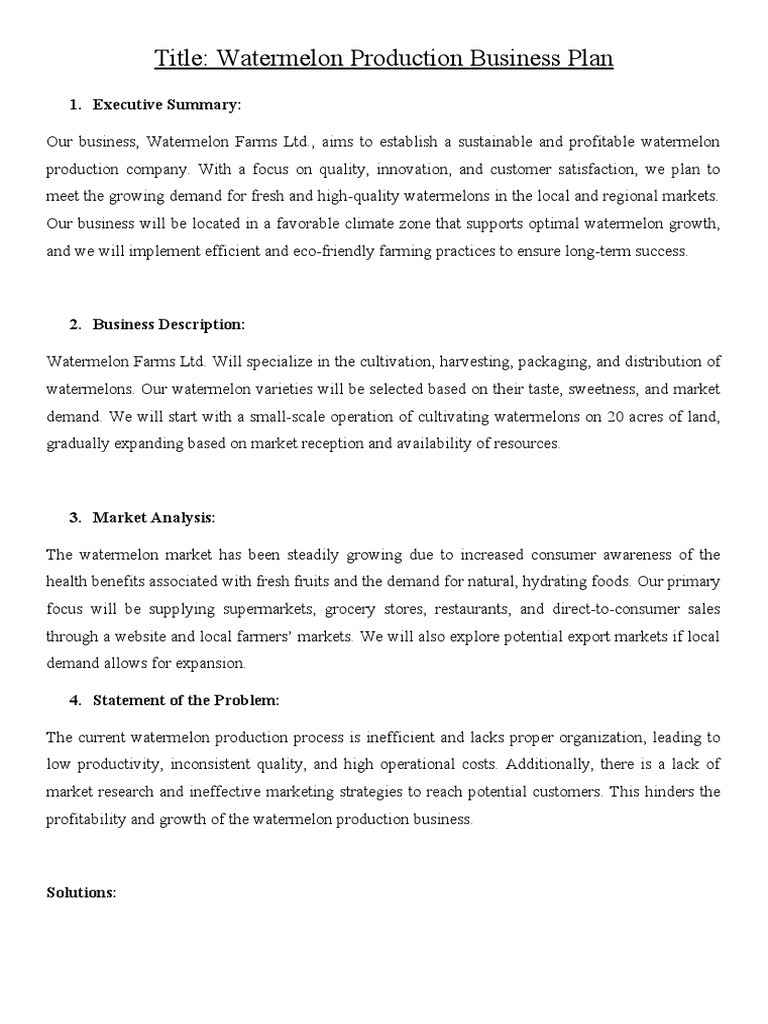 Watermelon Production Business Plan PDF