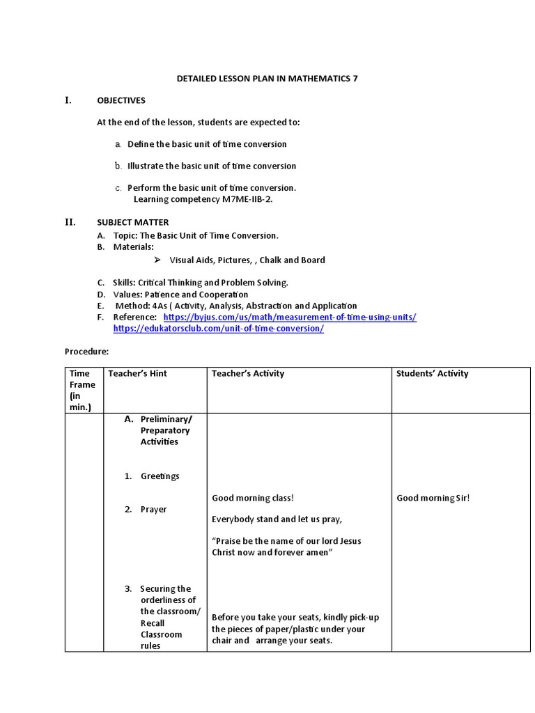 Detailed lesson plan the basic unit of time conversion pdf