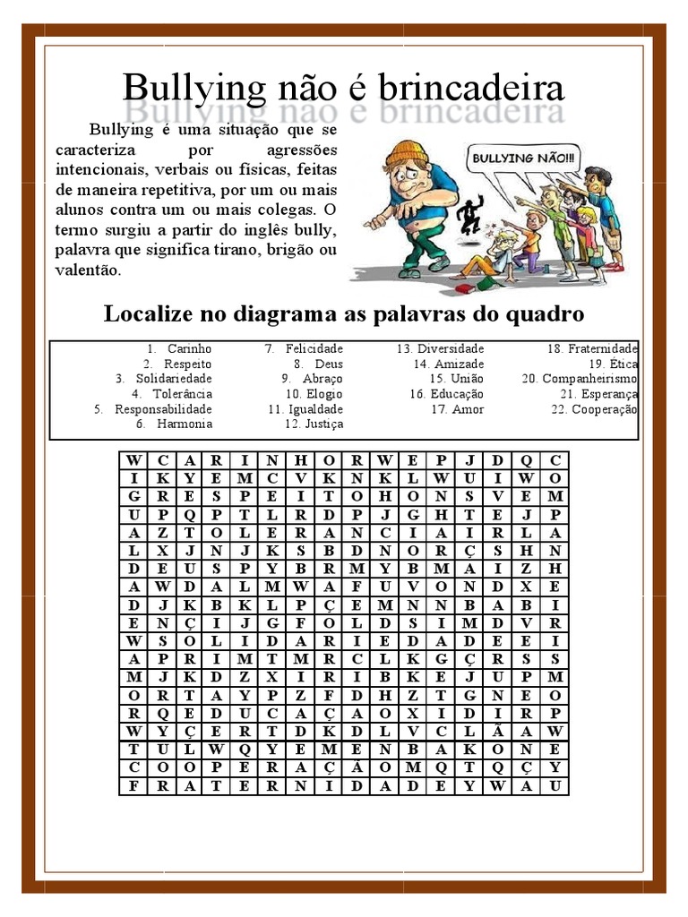 Bullying Não É Brincadeira: Localize No Diagrama As Palavras Do Quadro ...