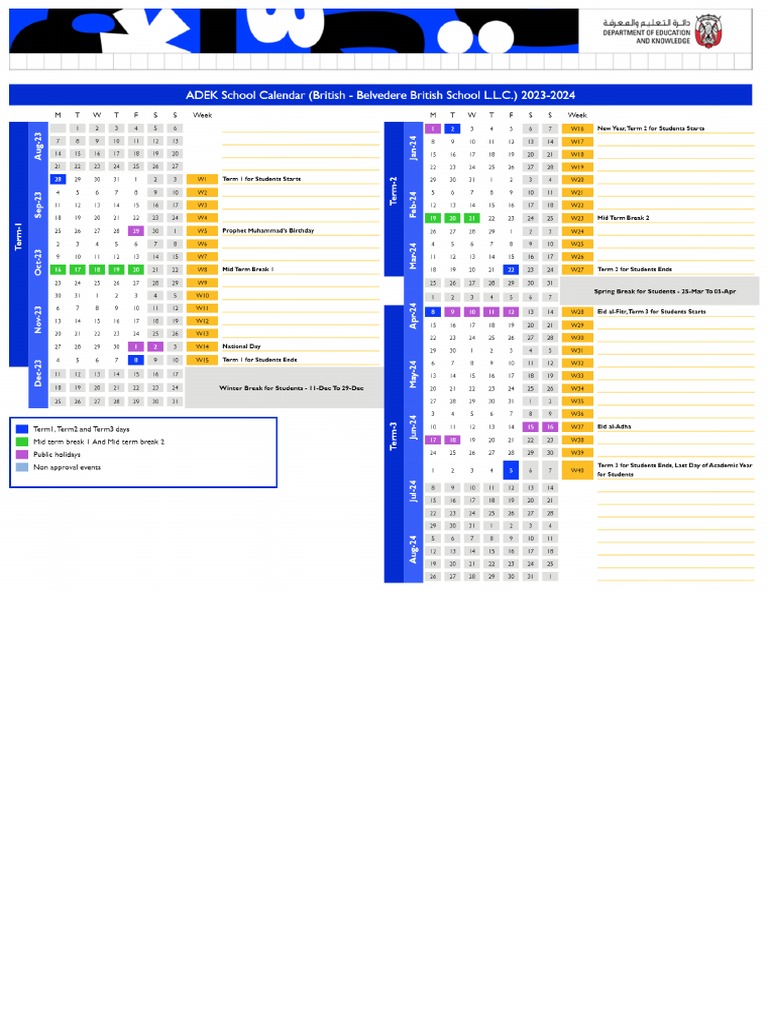 Students ADEK School Calendar (British Belvedere British School L.L