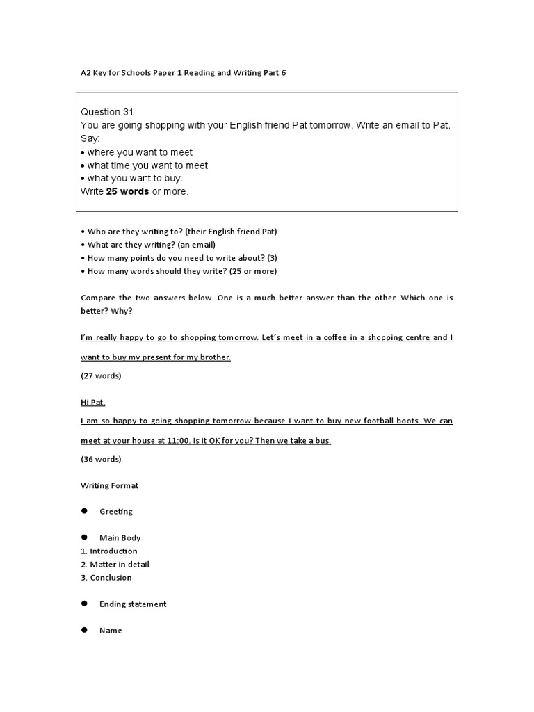 A2 Key For Schools Paper 1 Reading and Writing Par PDF