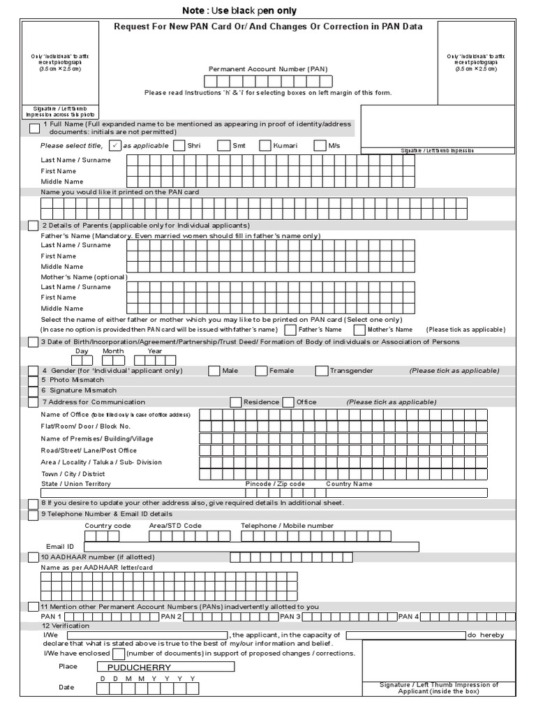 Pan Correction Form PDF