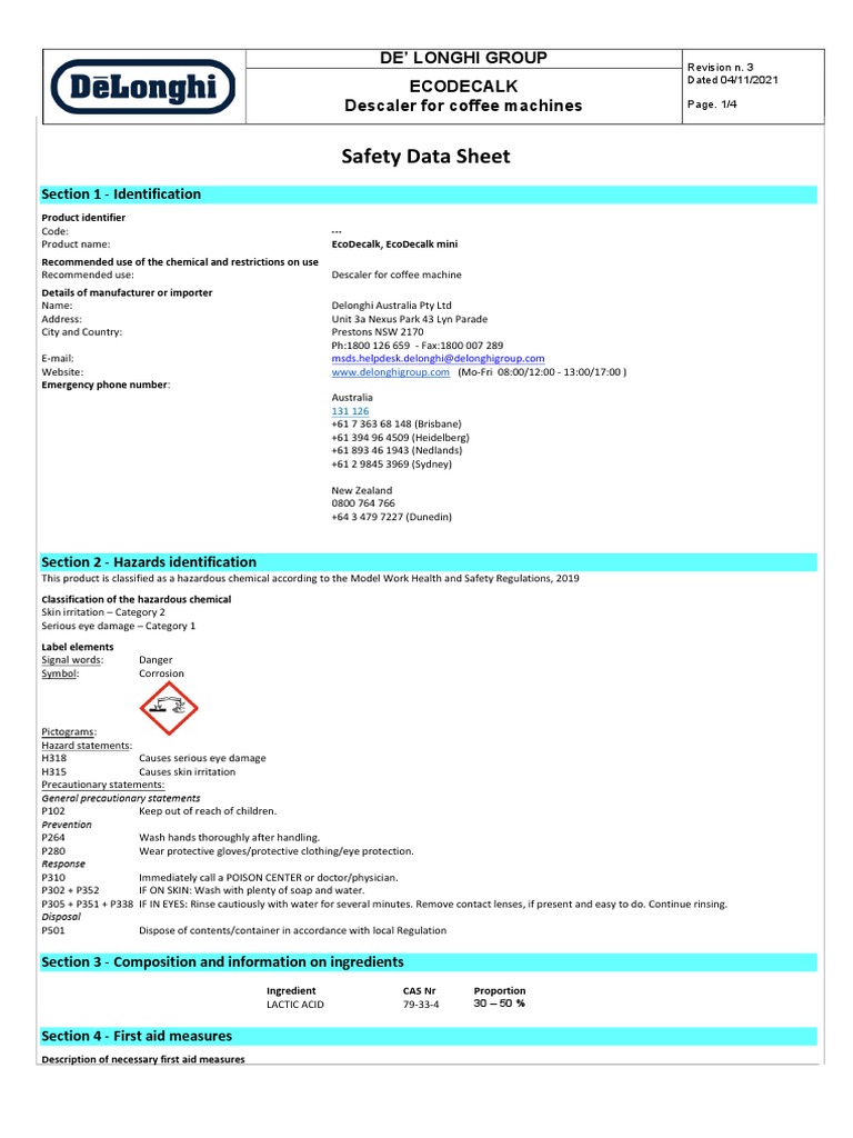 Ecodecalk DeLonghi S Descaler For Coffee Machines MSDS PDF