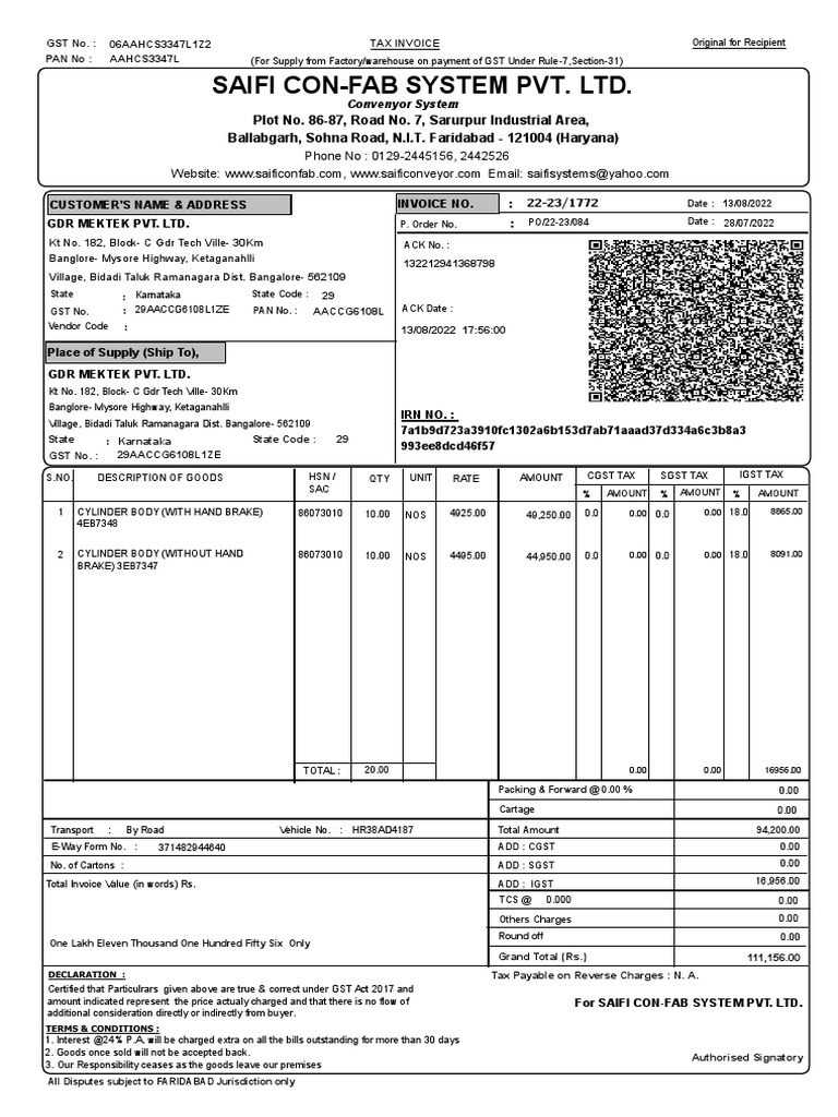 Invoice No 1772 Dt 13082022 Original for Recipient | PDF